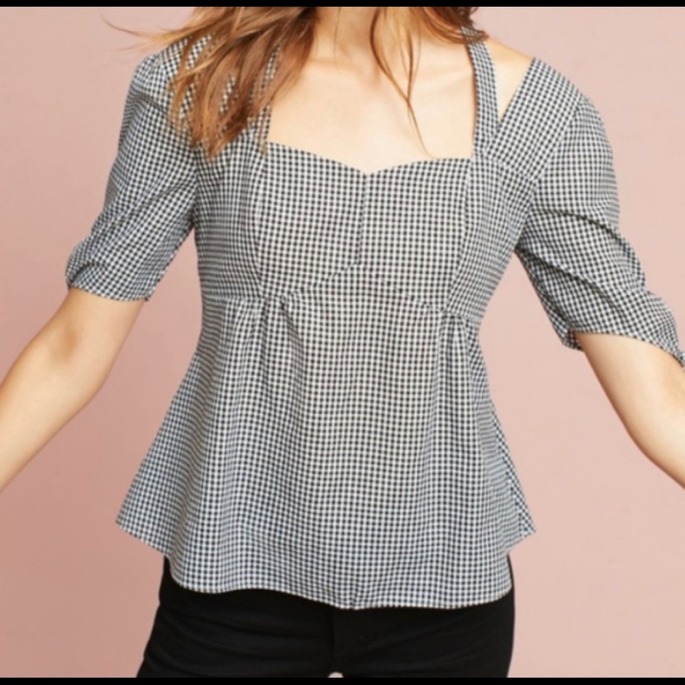 Anthropologie NWT Gingham top; ties sleeves & back
